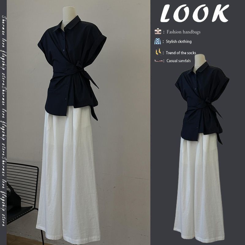 Wide Leg Palazzo Pants - Kemeja Wanita Musim Panas Hitam dengan