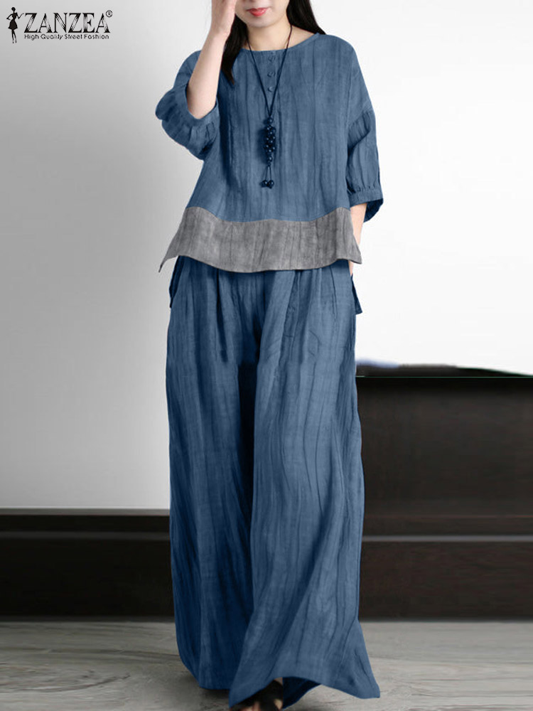 Wide Leg Palazzo Pants - ZANZEA setelan Vintage wanita, 2 potong