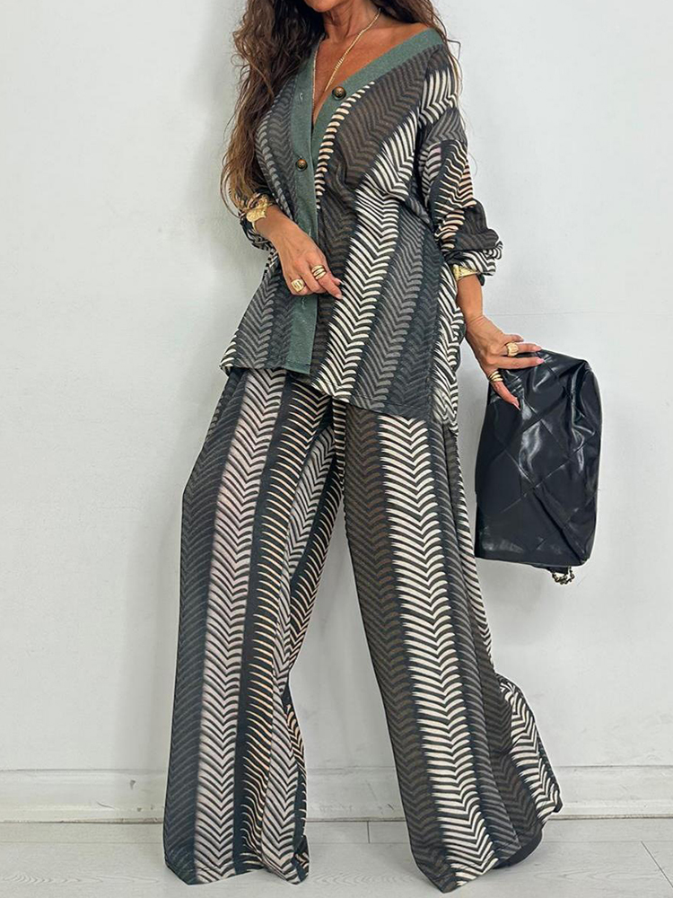 Atasan Cardigan Kancing Motif  - Wide Leg Palazzo Pants ulasan dan harga