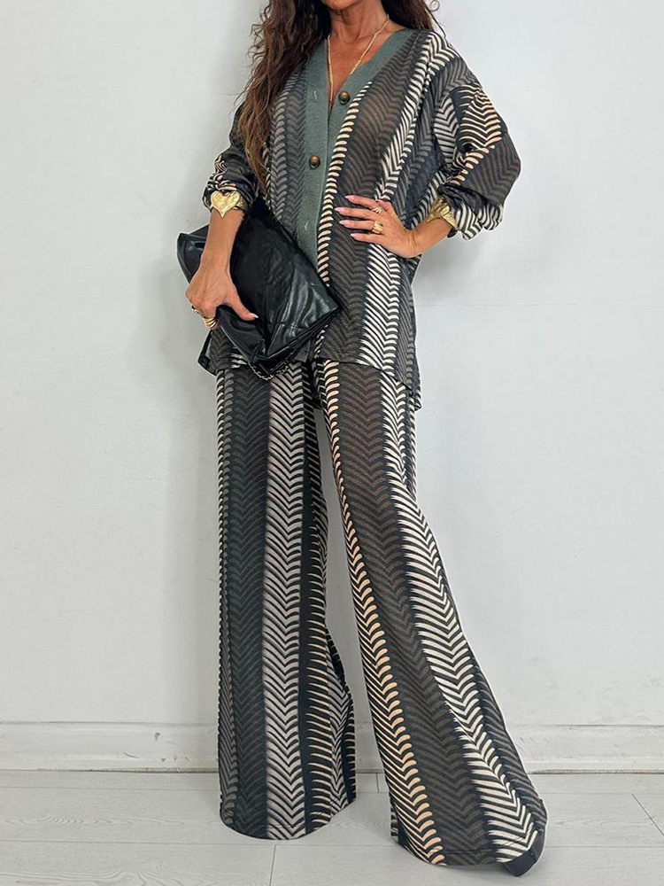 Atasan Cardigan Kancing Motif  - Wide Leg Palazzo Pants ulasan dan harga